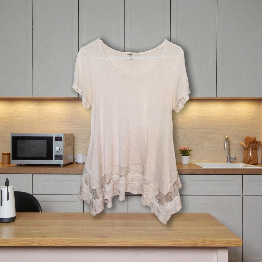 UMGEE Women's Short Sleeve Tunic With Lace Trim Shirt C0084 - Cream  Small